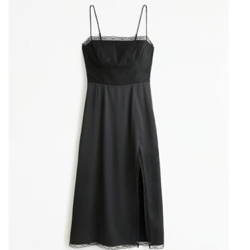 Abercrombie and Fitch Satin High Slit Lace Midi Dress Black Size Large